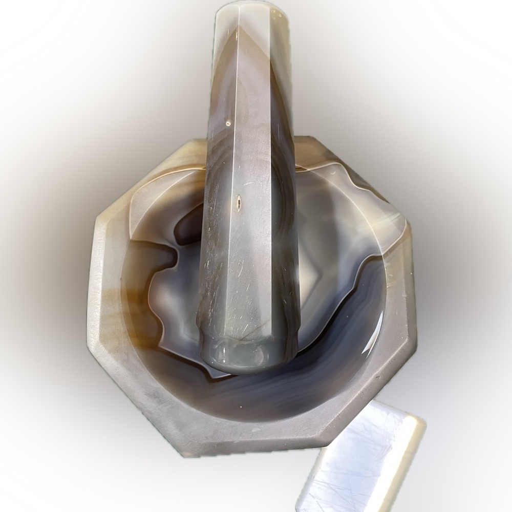 Gorgeous Vintage  Octagonal Banded Agate Mortar and Pestle Set